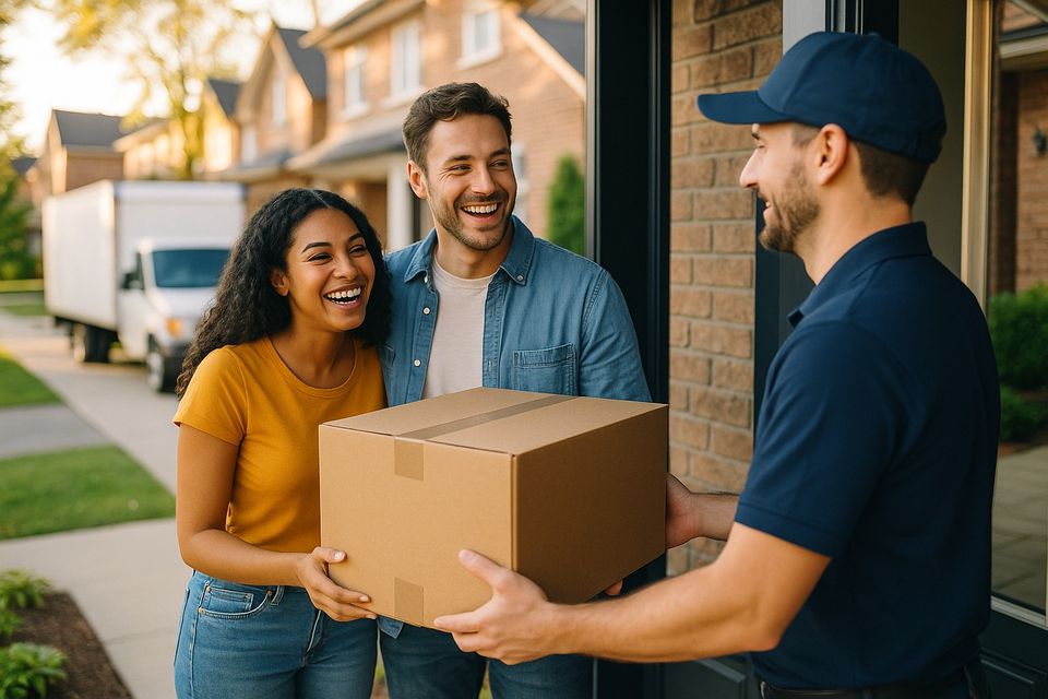 Happy couple receiving the last box at the door of their new home