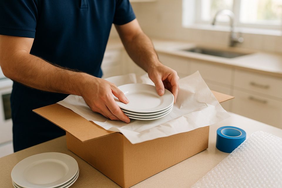 Mover carefully wrapping plates in packing paper over a moving box