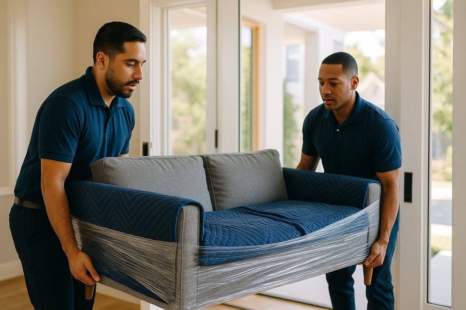 Two Moving Day Moving crew members carefully carrying a wrapped sofa