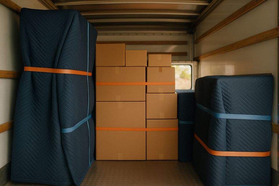Furniture wrapped in padded blankets and strapped securely inside the truck